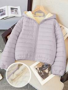 SHEIN 少女基础款灰色面料保暖绗缝短款连帽外套，冬季