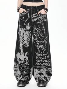 ROMWE Goth 女士宽松阔腿牛仔裤，饰有朋克哥特式骷髅、十字架、蜘蛛网和链条印花 - 黑色 - 查看 1