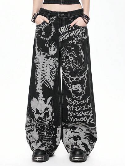 ROMWE Women's Loose Fit Wide Leg Jeans With Punk Gothic Skeleton, Cross, Spider Web & Chain Print