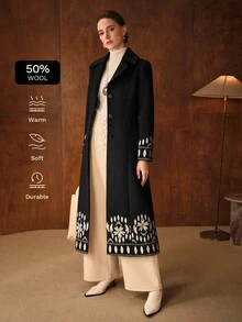 MOTF PREMIUM Abrigo de lana negro bordado de doble cara de moda para mujer, otoño/invierno - Negro - Ver 3