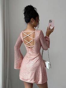 SHEIN Elenzya 女士杏色亮片纹理网纱圆领露背交叉系带A字裙，微透袖设计，优雅高品质，生日礼物，派对鸡尾酒会婚礼宾客装扮，独立日网络星期一万圣节光棍节返校派对 - 粉色 - 查看 2