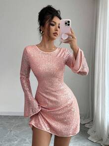 SHEIN Elenzya 女士杏色亮片纹理网纱圆领露背交叉系带A字裙，微透袖设计，优雅高品质，生日礼物，派对鸡尾酒会婚礼宾客装扮，独立日网络星期一万圣节光棍节返校派对 - 粉色 - 查看 5