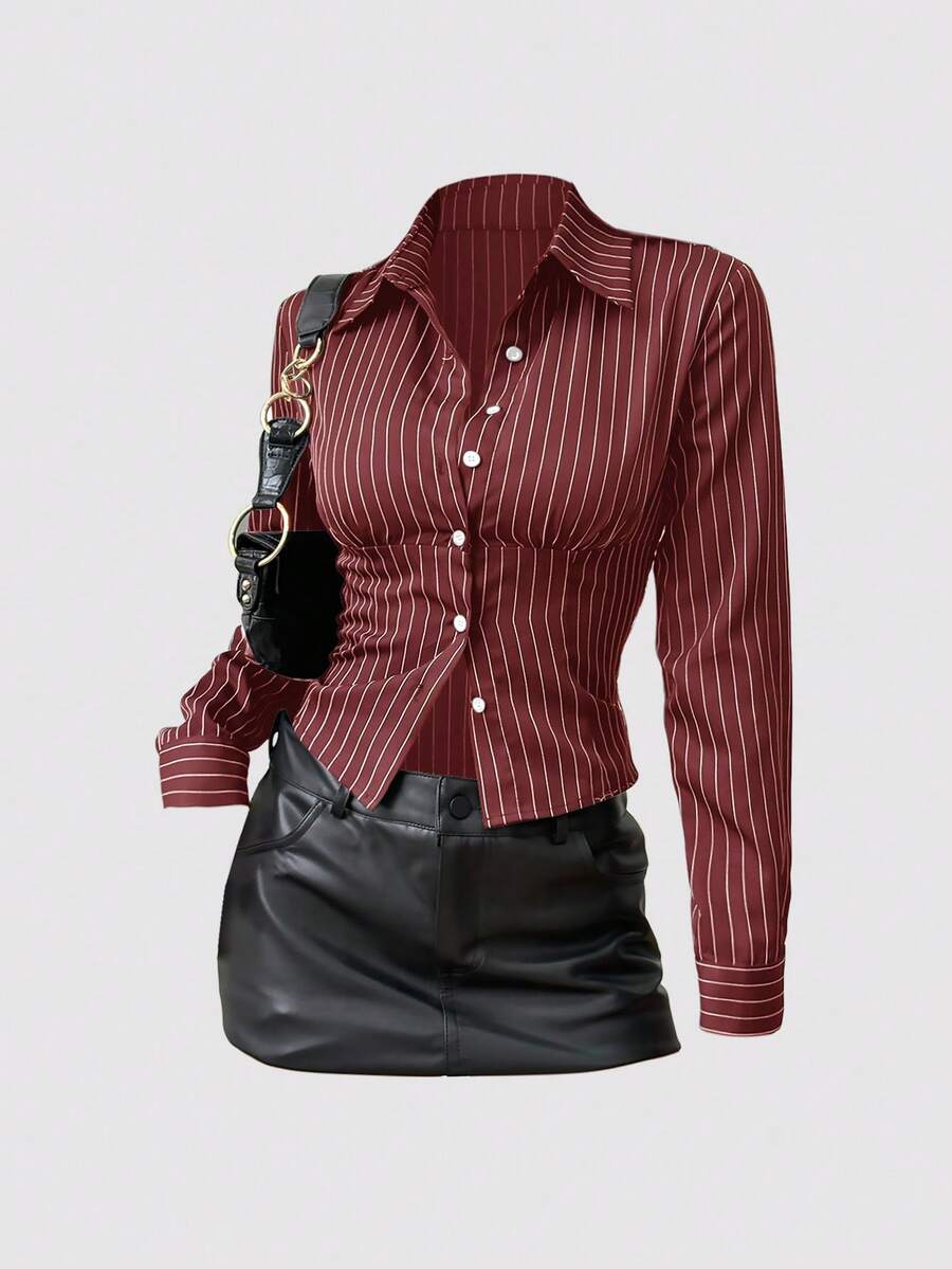 Sweetra Fashionable Contrast Color Textured Button Fitted Waist Flattering Striped Collar Long Sleeve Blouse For Women - Red - View 1