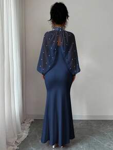 Elenzga New Elegant Mature Charm Evening Gown, Dignified & Gentle, Dreamy Pink, Hand-Beaded Long Sleeve Top, Graceful Mermaid Hem Bodycon Slip Dress Set - Royal Blue - View 2