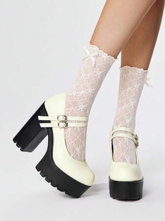 Goth Tacones de plataforma gruesa y sexy para mujer, zapatos de tacón alto Mary Jane de unicolor con doble hebilla y tira de metal, de moda para primavera/otoño