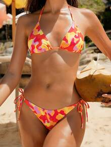 Camo Print Triangle Tie Side Bikini Set, For Summer Beach Vacation - Multicolor - View 1