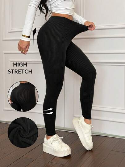 SHEIN PETITE Leggings casuales de cintura alta con forro térmico acanalado para mujer, adecuados para otoño/invierno