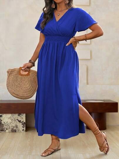 Roveilla Plus Size V-Neck Belted Wrap Dress Maxi Women Outfit
