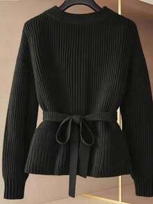 SHEIN Frenchy Women's Casual Long Sleeve Single-Breasted Knitted Cardigan, Autumn/Winter,Perfect For Everyday Wear,Thanksgiving For Women,Winter For Women,New Year Women's,Stylish Collection,Holiday Women;,French-Style Casual Black Sweater With Round Neck And Metal Button Front, French Style, Breakfast For Women, Black Cardigan, Bow;