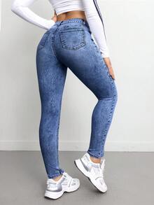 SHEIN Tall CURVE 大码女式蓝色牛仔弹力紧身裤 - 深色水洗藍 - 查看 2