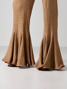 MISSGUIDED Quần ống loe ống loe ống rộng cạp cao kiểu Palazzo họa tiết nhăn quần dự tiệc cưới buổi tối trang trọng - Màu Khaki - Xem 5