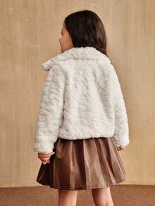 SHEIN Young Girls Beige Faux Fur Long Sleeve Stand Collar Jacket, Fashionable, Warm, Versatile, Comfortable Winter Children Short Coat Fall - White - View 2