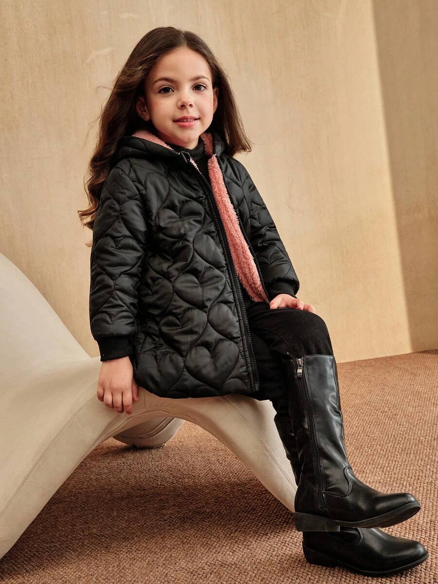 SHEIN Áo khoác trẻ em có mũ trùm đầu có khóa kéo lót lông dày dặn cho bé gái Áo khoác trẻ em Áo khoác trẻ em Áo khoác trẻ em Áo khoác mùa đông cho bé gái Áo khoác trẻ em màu đen - màu đen - Xem 1