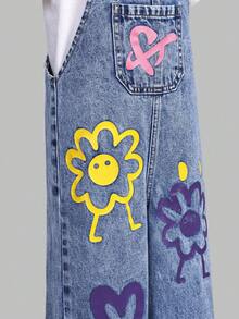 SHEIN ChillGRL 女童花朵、心形和彩虹涂鸦印花休闲舒适柔软牛仔连体裤