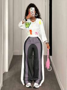 BamGleam Quần ống rộng cạp cao có dây rút màu tương phản thời trang dạo phố dành cho nữ - Đen và trắng - Xem 6