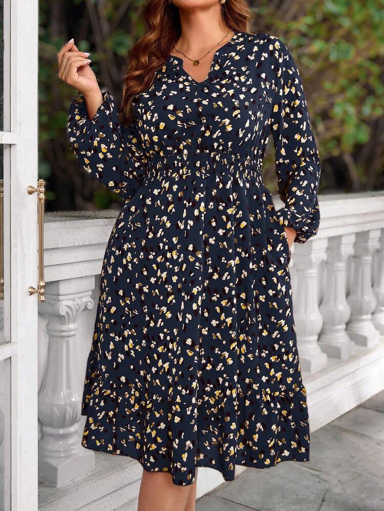 EMERY ROSE Plus Size Women's Navy Blue Leopard Print Dress,Long Sleeve Elegant Flowy Dress For Autumn,Everyday Casual Fashionable New Year Christmas Outfits - Navy Blue - View 1