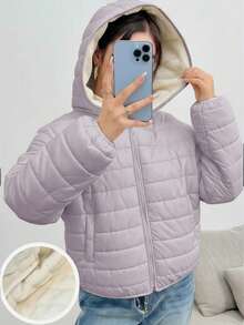 SHEIN 少女基础款灰色面料保暖绗缝短款连帽外套，冬季