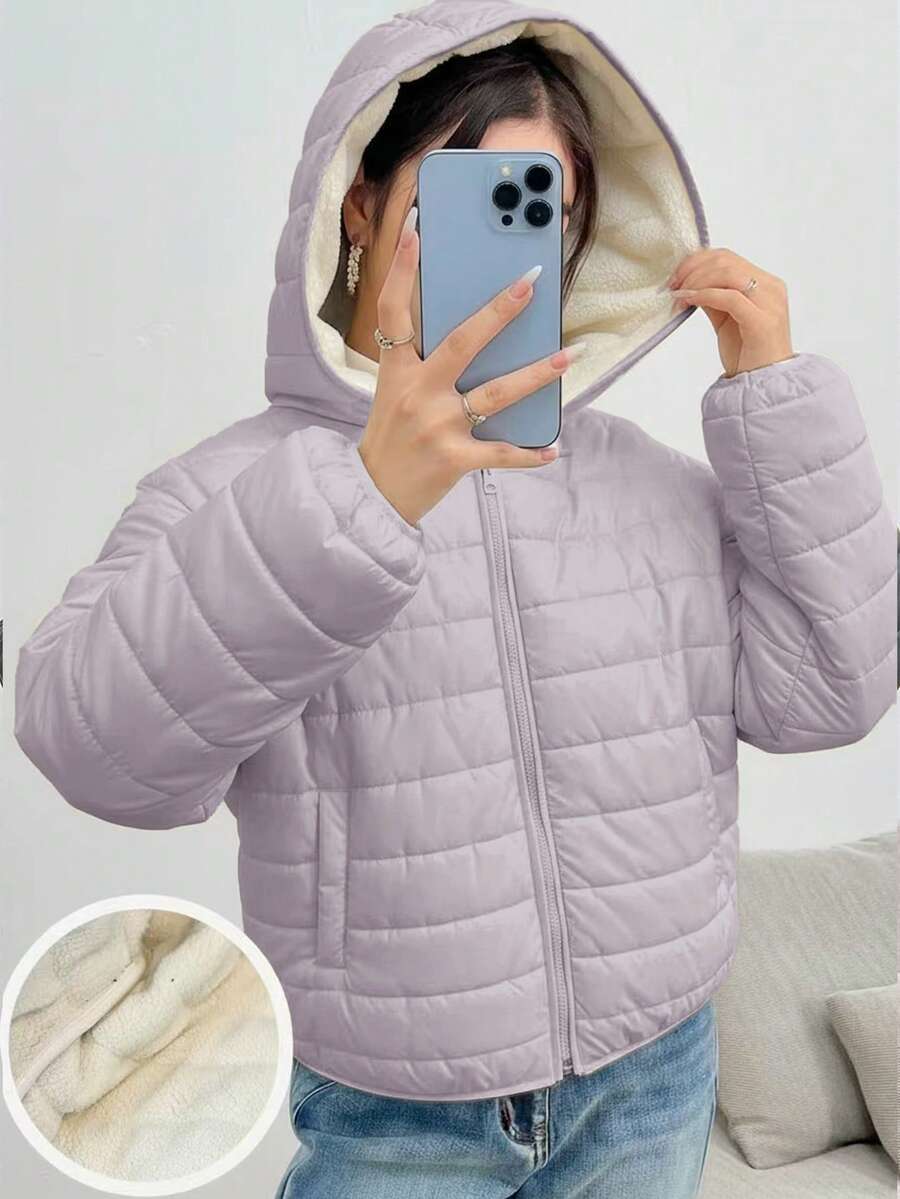 SHEIN 少女基础款灰色面料保暖绗缝短款连帽外套，冬季