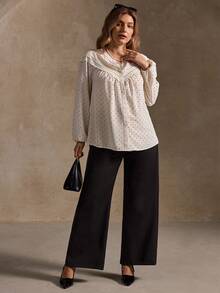 Elegantrix Áo sơ mi chấm bi ren họa tiết cỡ lớn dành cho nữ, thường ngày/công sở, thu/đông - Nhiều màu - Xem 5