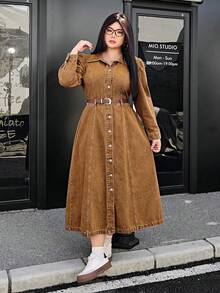 SHEIN ICON Váy denim cài nút phía trước thường ngày cỡ lớn - Màu Khaki - Xem 1