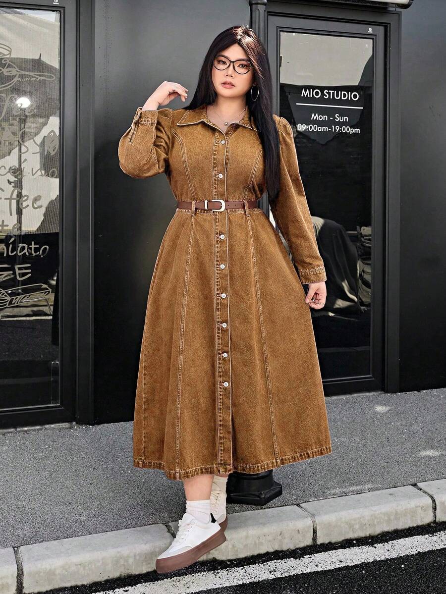 SHEIN ICON Váy denim cài nút phía trước thường ngày cỡ lớn - Màu Khaki - Xem 1