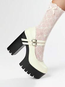 ROMWE Goth Giày cao gót đế dày gợi cảm cho nữ, thời trang xuân/thu, màu trơn, khóa đôi bằng kim loại, giày cao gót Mary Jane - Màu be - Xem 3