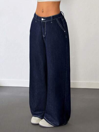 Jeans larges confortables et amples avec coutures contrastées et clous métalliques pour filles préadolescentes. Tenue de mode décontractée Y2K vintage cool pour le retour à l'école, le collège. Idéal pour le quotidien, l'hiver, l'automne, les festivals et les tenues streetwear pour les préadolescentes.