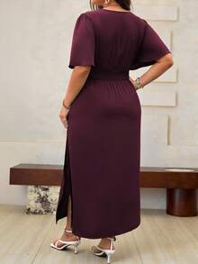 Roveilla Plus Solid Wrap Flounce Sleeve Dress Maxi Women Outfit - Maroon - View 2