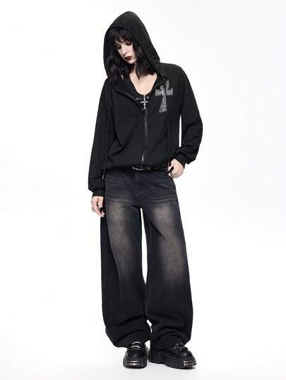 Goth Gothic Demon Cross Religious Church Black Zip Up Graphic Pocket Hoodie For Women