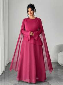 SHEIN Tall CURVE Vestido elegante de estilo vintage francés con estilo chic del Medio Oriente para mujer de talla grande, con cintura ajustable, mangas acampanadas y hombros drapeados, adecuado para fiestas, ropa de mujer de otoño/invierno, fiesta de club, elegante, vestidos formales de mujer, vestido de noche - Burdeos - Ver 2