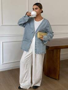 Livesso Women's Lace-Up Loose Denim Jacket, Autumn