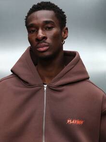PLAYBOY X SUMWON Oversized Graphic Hoodie With Large Bunny Logo Print Full Zip Drawstring Hood Winter Streetwear - Brown - View 3