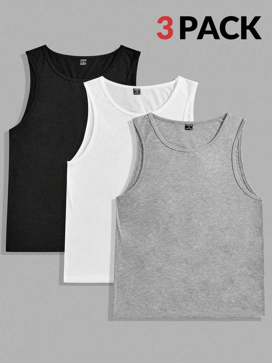 Manfinity VCAY 3pcs Men's Tank Top , Sleeveless Daddy Plain Gym Basic Tops - Multicolor - View 1