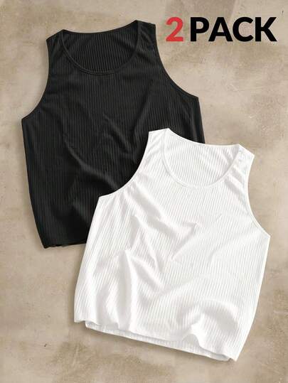 EASEVO 2 件装大码男士休闲针织黑白背心，夏季