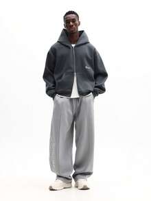 SUMWON 宽松版型运动裤，饰有同色系刺绣细节，抽绳腰带，休闲日常居家服，纯色 - 灰色 - 查看 4