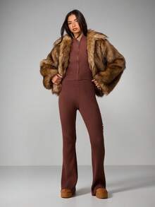 Missguided x Playboy Ribbed Knit Zip Up Cardigan With Logo Print Fall Winter Lightweight Jacket - Coffee Brown - View 3