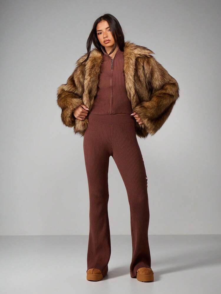 Missguided x Playboy Áo khoác cardigan dệt kim có khóa kéo in logo thu đông nhẹ - Cà phê nâu - Xem 3