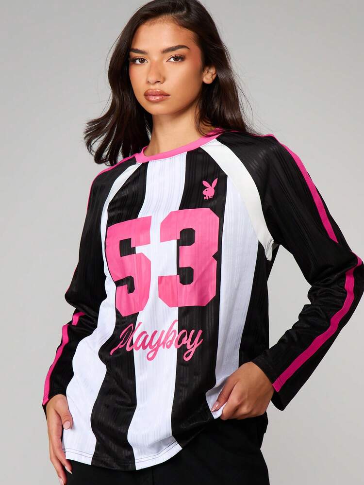 Missguided x Playboy Satin Stripe Panelled Football Jersey T-Shirt With Bunny Logo And Number 53 Print