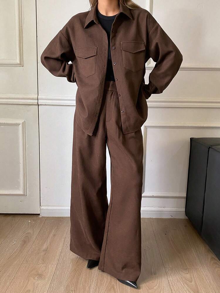 Women's Casual Solid Color Pocket Shirt And Pants 2 Pieces Set, Autumn Lounge Sets For Women