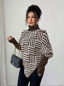 Elenzga Women's Elegant High Neck Geometric Textured Poncho Sweater, Colorblock, Suitable For Home & Travel, Spring/Autumn - Coffee Brown - View 6