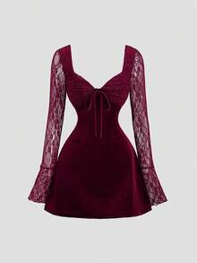 Sweetra 优雅法式秋季新款丝绒撞色蕾丝红色情人节系列连衣裙，性感派对独特设计长袖迷你连衣裙，女士 - 酒紅色 - 查看 1