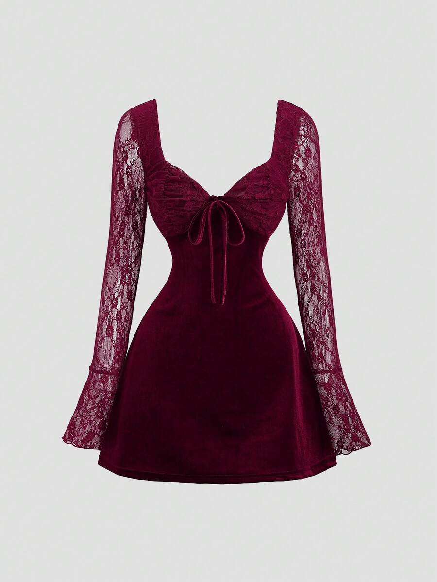 Sweetra 优雅法式秋季新款丝绒撞色蕾丝红色情人节系列连衣裙，性感派对独特设计长袖迷你连衣裙，女士 - 酒紅色 - 查看 1