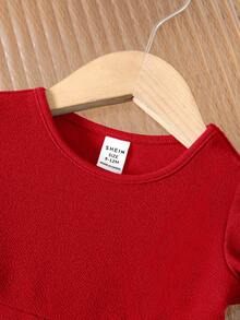 SHEIN Đầm dài tay đính nút màu xanh navy tối giản dễ thương cho bé gái, mùa thu/đông - Đỏ - Xem 5