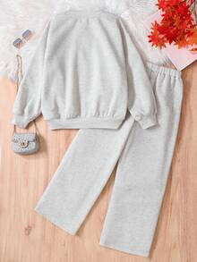 SHEIN Conjunto de sudadera con capucha y pantalón de chándal informal con gráfico en inglés para adolescentes, gris claro