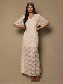 Freevana Plus Size Solid Color Criss-Cross Wrap Front Midi Sleeve Split Hem Lace Dress Maxi Dress Lace Dress For Women Western - Apricot - View 7