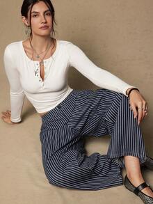 SHEIN VCAY Plus Size Striped Casual Pants Stripe Pants Women Wide Leg Pants Western - Blue and White - View 8