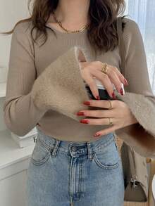 FRIFUL Women's Solid Color Patchwork Fuzzy Trim Flare Sleeve Fitted Sweater, Autumn/Winter - Camel - View 2