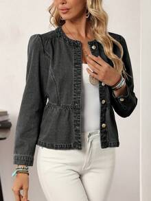 EMERY ROSE Women's Denim Jacket With Ruffle Hem, Single-Breasted, Casual - Black - View 6