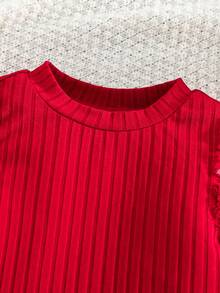 SHEIN Camiseta de punto acanalado con volantes de malla y estampado de estrella en contraste para niña, rojo para Navidad. - Rojo - Ver 7