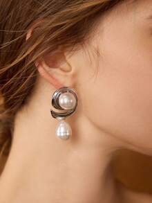 MOTF PREMIUM PENDIENTES DE PERLAS FALSAS SENCILLOS Y VERSÁTILES PARA MUJER, ESTILO CASUAL ELEGANTE - Plateado - Ver 6